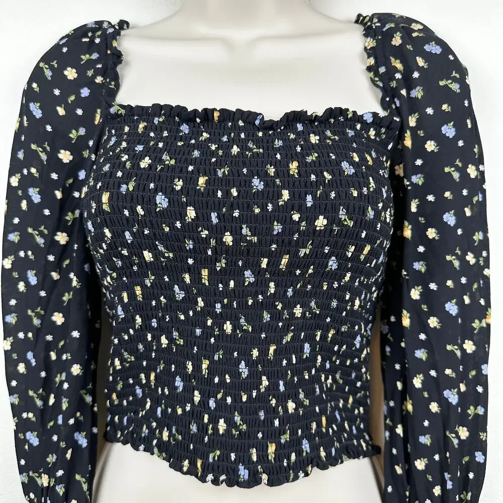 Reformation Blouse Top Pinto Smocked Puff Sleeve Jolene Ditsy Floral Black Small
